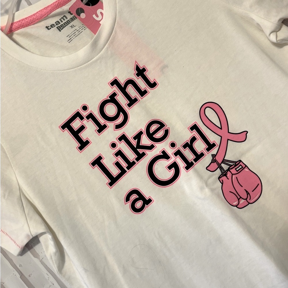 White and Pink Short Sleeve Tee with Motivational Breast Cancer Graphic - Picture 1 of 4
